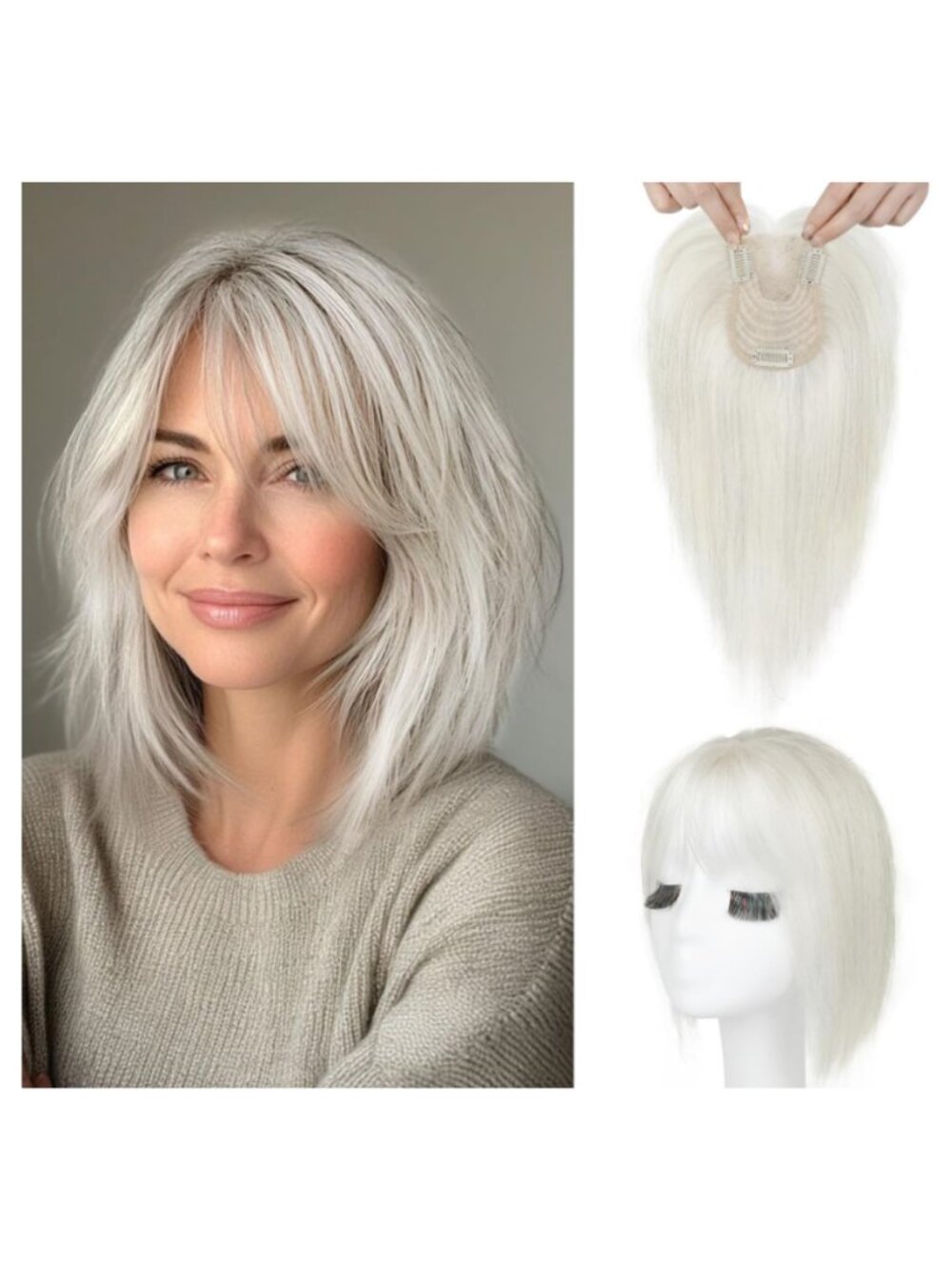 Chic Silver-White Clip-In Fringe Bangs Topper for Women